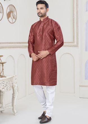 Red Readymade Woven Kurta Pajama For Men