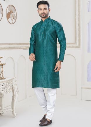 Teal Blue Readymade Woven Kurta Pajama For Men