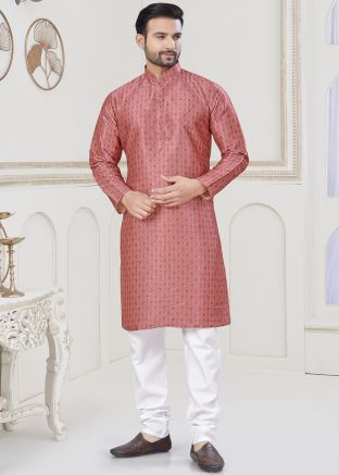 Pink Readymade Woven Men Kurta Pajama