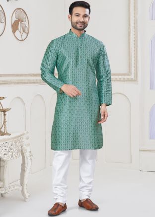 Blue Readymade Woven Kurta Pajama For Men
