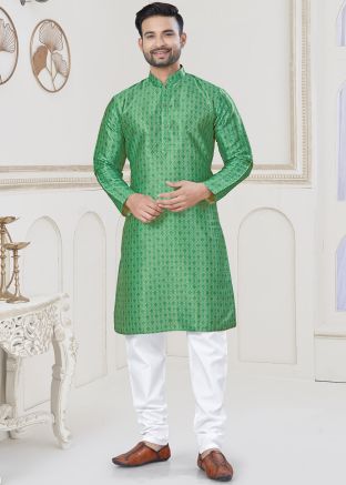 Green Jacquard Woven Kurta Pajama For Men