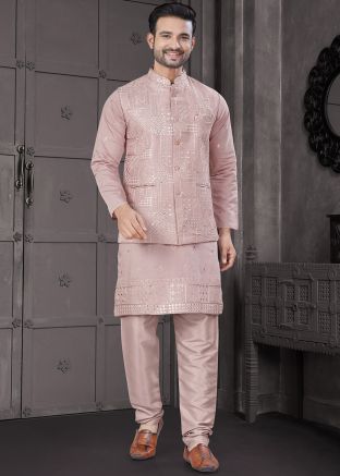 Pink Embroidered Kurta Pajama With Nehru Jacket