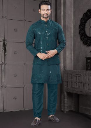 Teal Blue Embroidered Kurta Pajama With Nehru Jacket