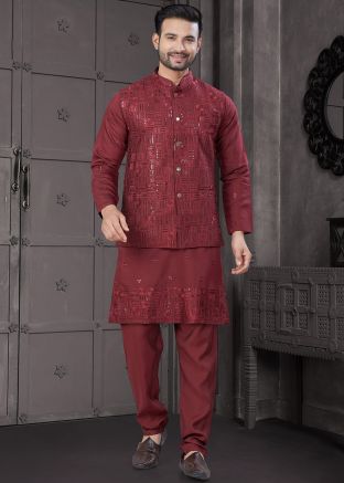 Maroon Embroidered Kurta Pajama With Nehru Jacket