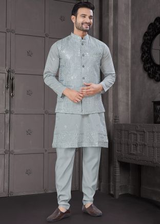 Pastel Blue Embroidered Kurta Pajama With Nehru Jacket