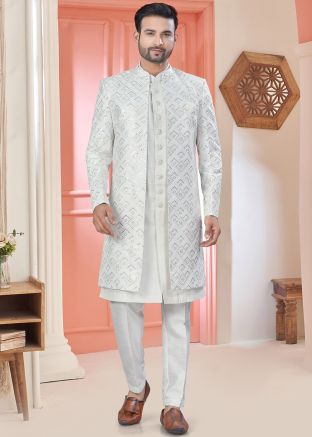 White Embroidered Men Jacket Style Indo Western Sherwani