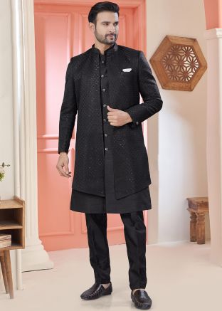 Black Embellished Jacket Style Indo Western Sherwani