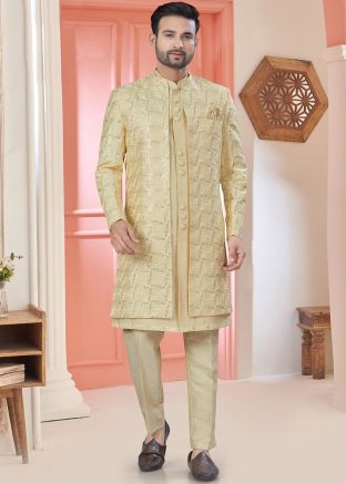 Golden Embellished Jacket Style Indo Western Sherwani