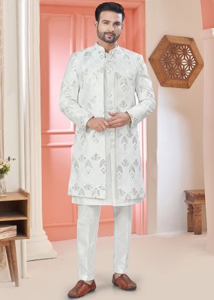 White Men Embellished Jacket Style Indo Western Sherwani