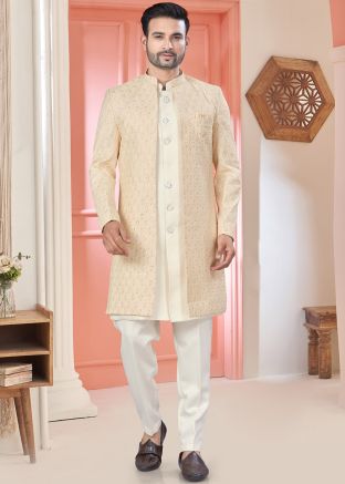 Peach Embellished Jacket Style Indo Western Sherwani