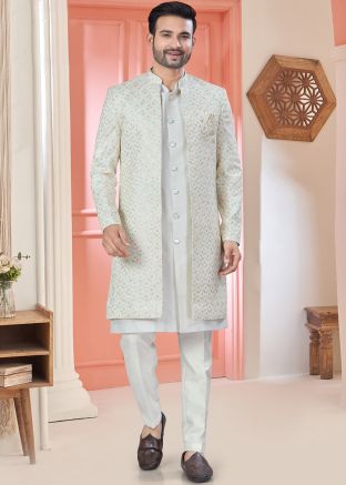 White Jacket Style Embroidered Indo Western Sherwani