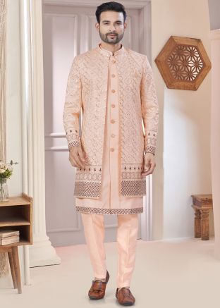 Pink Jacket Style Embroidered Indo Western Sherwani