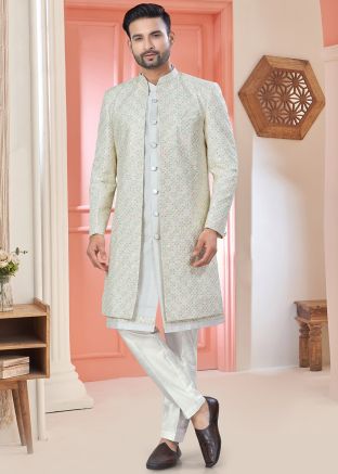 Cream Jacket Style Embroidered Indo Western Sherwani