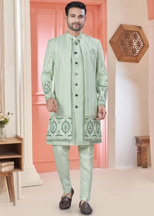 Pastel Green Jacket Style Embroidered Indo Western Sherwani