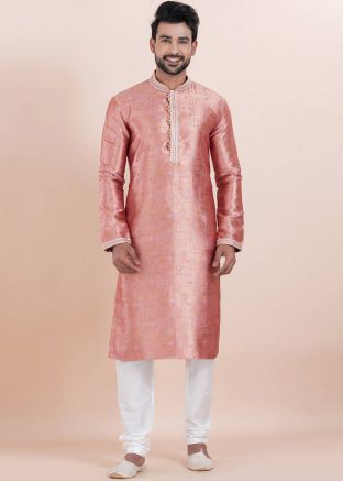 Pink Zari Woven Kurta Pajama In Jacquard