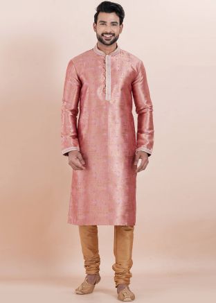 Pink Mens Kurta Pajama In Jacquard