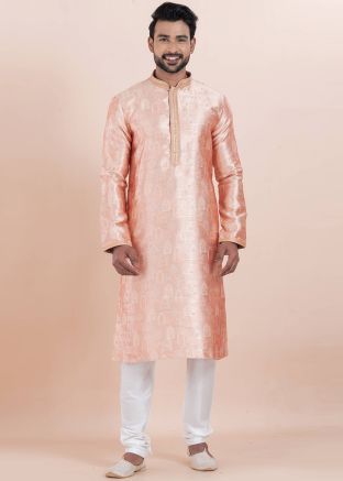 Peach Mens Kurta Pajama In Zari Woven Work