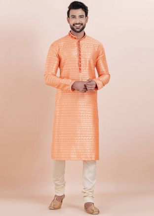 Peach Mens Kurta Pajama In Zari Woven Work
