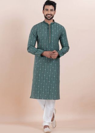 Green Embroidered Kurta Pajama In Jacquard