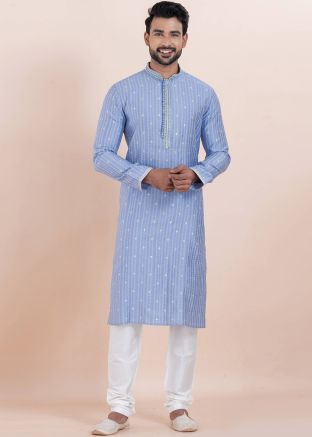 Blue Woven Kurta Pajama In Cotton
