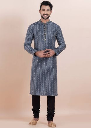 Blue Woven Mens Kurta Pajama In Cotton