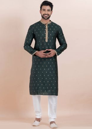 Green Embroidered Kurta Pajama In Cotton