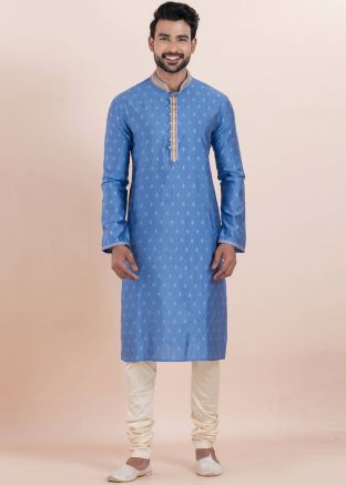 Blue Woven Cotton Kurta Pajama