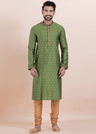 Green Woven Men Kurta Pajama In Cotton