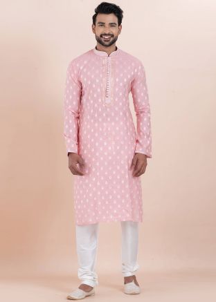 Pink Woven Kurta Pajama In Cotton