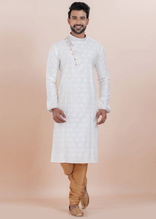 White Woven Kurta Pajama In Cotton