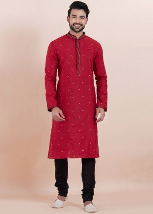 Red Embroidered Kurta Pajama In Cotton