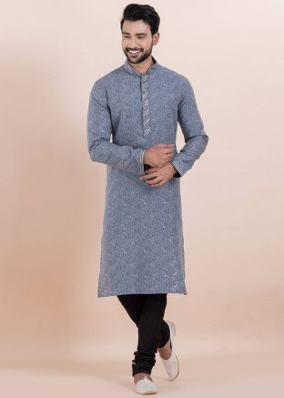 Grey Embroidered Men Kurta Pajama