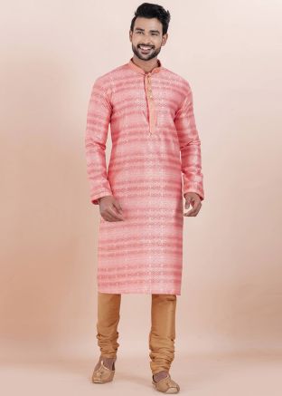 Pink Zari Woven Kurta Pajama In Cotton