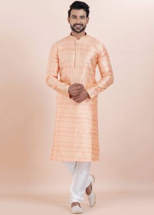 Peach Mens Kurta Pajama In Zari Woven Work