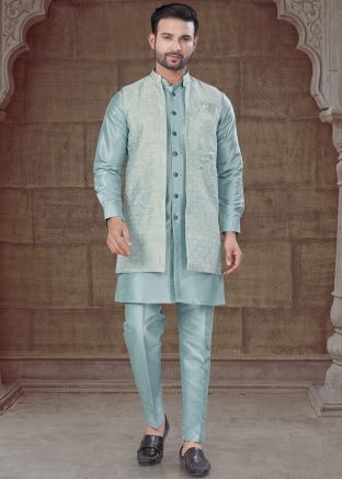 Blue Woven Jacket Style Indo Western Sherwani