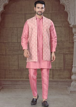 Pink Jacket Style Woven Indo Western Sherwani