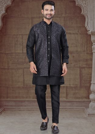Black Jacket Style Woven Indo Western Sherwani