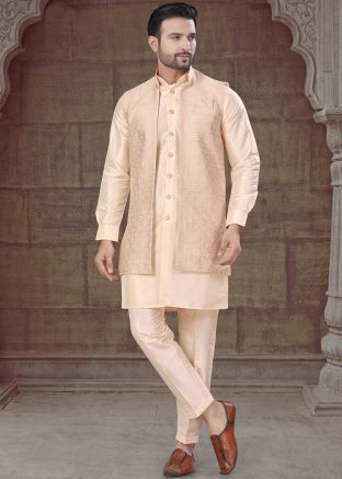 Peach Woven Jacket Style Indo Western Sherwani