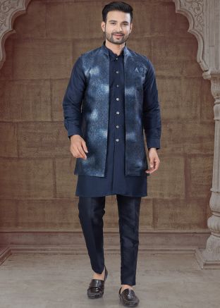 Navy Blue Woven Jacket Style Indo Western Sherwani