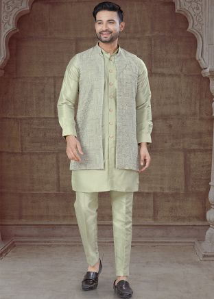 Pista Green Woven Jacket Style Indo Western Sherwani