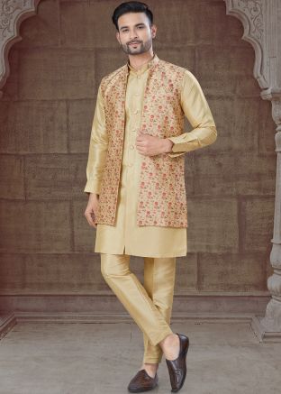 Light Golden Jacket Style Printed Indo Western Sherwani