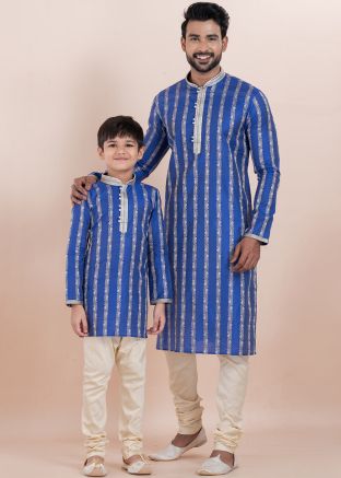 Blue Father & Son Kurta Pajama In Cotton