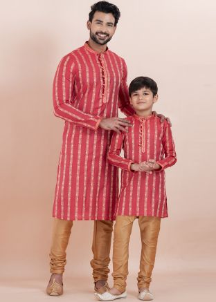 Red Zari Woven Father & Son Kurta Pajama