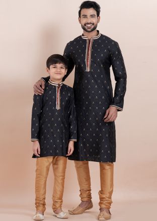Black Father & Son Kurta Pajama In Cotton
