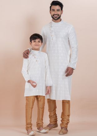 White Woven Father & Sone Kurta Pajama