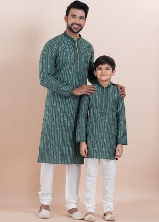 Green Father & Son Embroidered Kurta Pajama