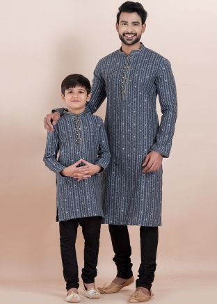 Blue Embroidered Father & Son Kurta Pajama