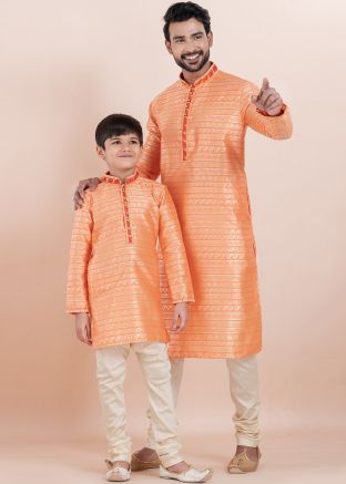 Peach Father & Son Kurta Pajama In Jacquard