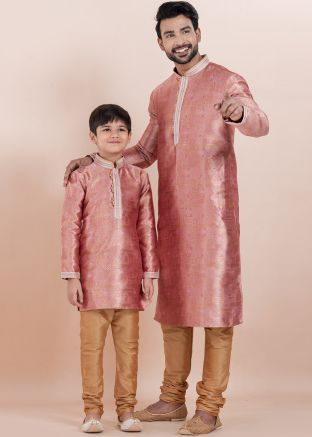 Pink Father & Son Kurta Pajama In Jacquard