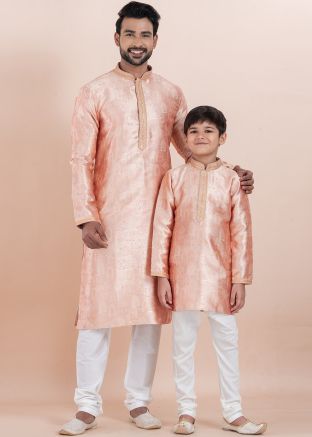 Pink Father & Son Kurta Pajama In Jacquard